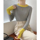 グレー×イエロー | 指穴バイカラーリブニット トップス リブ | kirakiraShop 