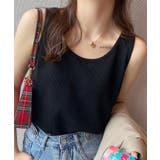ブラック | コットンワッフルUネックタンクトップ 7色 トップス | kirakiraShop 