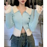 ブルー | シャギー切り替えジップニットカーディガン トップス カーディガン | kirakiraShop