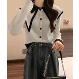 ビッグカラー配色ニットブラウス カーディガン 羽織り | kirakiraShop  | 詳細画像6 