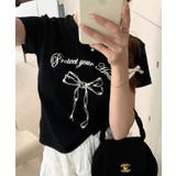 ブラック | リボンプリントTシャツ トップス フィット | kirakiraShop 