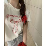 ホワイト | リボンプリントTシャツ トップス フィット | kirakiraShop 
