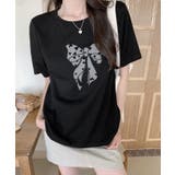 ブラック | リボン刺繍デザインTシャツ トップス リボン | kirakiraShop 