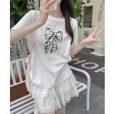 ホワイト | リボン刺繍デザインTシャツ トップス リボン | kirakiraShop 