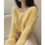 イエロー | Vネックジャギーニット トップス 長袖 | kirakiraShop