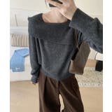 チャコール | アシンメトリーネックデザインニットプルオーバー トップス ニット | kirakiraShop 