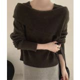 ブラウン | アシンメトリーネックデザインニットプルオーバー トップス ニット | kirakiraShop 