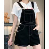 ブラック | バックリボンカラーデニムショートサロペット 3サイズ 体型カバー | kirakiraShop
