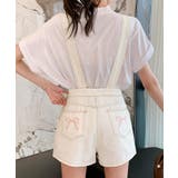 ホワイト | バックリボンカラーデニムショートサロペット 3サイズ 体型カバー | kirakiraShop