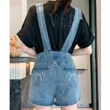 ブルー | バックリボンカラーデニムショートサロペット 3サイズ 体型カバー | kirakiraShop