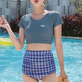 ブルー | チェック柄ハイウエストビキニ 2サイズ スイムウェア | kirakiraShop