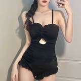 ブラック | フリルリブワンピース 3サイズ 水着体型カバー | kirakiraShop