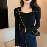 ブラック | タックデザインスクエアネックニットトップス トップス リブニット | kirakiraShop