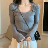 モクグレー | タックデザインスクエアネックニットトップス トップス リブニット | kirakiraShop