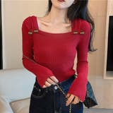 レッド | タックデザインスクエアネックニットトップス トップス リブニット | kirakiraShop
