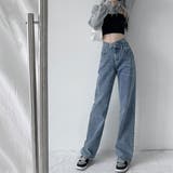 ライトブルー | ウエストレイヤード風ストレートデニムパンツ 6サイズ デニムパンツ | kirakiraShop 