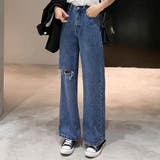 ブルー | ダメージ加工デニムパンツ 5サイズ セミワイドデニムパンツ | kirakiraShop