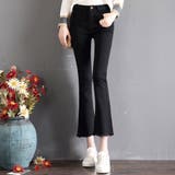 ブラック | カットオフクロップドフレアデニムパンツ全4色 4サイズ デニムパンツ | kirakiraShop