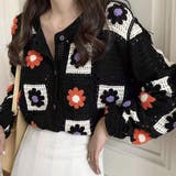 ブラック | 花柄クロシェ編みカーディガン トップス ニットカーデ | kirakiraShop 