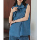 ブルー | ボウタイリボン付きノースリーブデニムトップス［C7531］ | KOBE LETTUCE