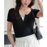 ブラック | カップ付きリブヘンリーネックリブトップス［C7968］カップ付き ヘンリーネック… | KOBE LETTUCE