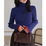 ネイビー×朱赤 | 袖先取り外しOKフレアスリーブニットトップス［N1264］ リブニット ハイネッ… | KOBE LETTUCE