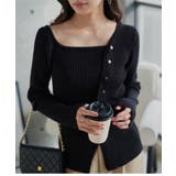 ブラック | アシメネックボタンデザインリブニットトップス リブニット トップス | KOBE LETTUCE