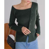 グリーン | アシメネックボタンデザインリブニットトップス リブニット トップス | KOBE LETTUCE