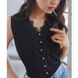 ブラック | 胸元レースVネックパールボタンニットトップス［N1369］ 胸元レース Vネック | KOBE LETTUCE