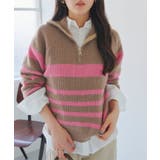 モカ | ボーダージップニット［N1394］ ハーフジップボーダーニット レディース | KOBE LETTUCE