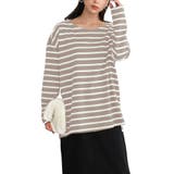 グレージュ×オフ | 選べるデザイン コットン100%ゆったりボーダーチュニックカットソー | KOBE LETTUCE