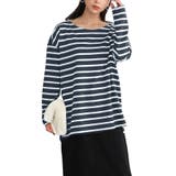 ネイビー×オフ | 選べるデザイン コットン100%ゆったりボーダーチュニックカットソー | KOBE LETTUCE