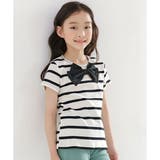 アイボリー地ボーダリボンブラック | 半袖トップス 子供服 キッズ 女の子 春 夏 秋 ボーダー 韓国子供服 | 子供服Bee