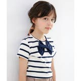 アイボリー地ボーダリボンネイビー | 半袖トップス 子供服 キッズ 女の子 春 夏 秋 ボーダー 韓国子供服 | 子供服Bee