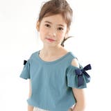 スモーキーブルー | オフショルダートップス リボン 半袖 | 子供服Bee