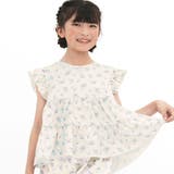 アイボリー地パープル花柄 | ティアードトップス 肩フリル チェック柄 | 子供服Bee
