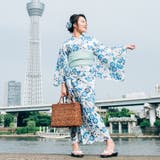 レディース 浴衣 単品 綿麻（05） ホワイト系 コスモス ブルー | 京のおしゃれ屋  | 詳細画像4 