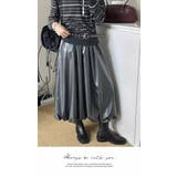 ロングスカート 膝下 Aライン ウエストゴム ボリューム ゆったり 薄PU | LATTE | 詳細画像2