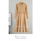 ワンピース 重ね着 ロング丈 膝下 長袖 ニット パール付き  暖かい | LATTE | 詳細画像3 