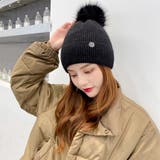 ブラック | ぽんぽん付サイドステッチニット帽 ファッション通販 女性 | LAYLA