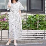 オフホワイト | 花柄 フレアスリーブ ウエストゴムギャザー ロングワンピース | Leggy&Paggy