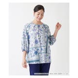 ネイビー | 洗える花柄パネルプリントブラウス | Leilian PLUS HOUSE