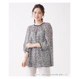 ブラック | ボタニカル柄7分袖スモックブラウス | Leilian