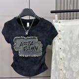 BLACK | デニムワッペン サイドシャーリングトップス/刺繍ロゴ/ショート丈 | LETee
