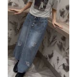 BLUE | デニムイレギュラーヘムロングスカート/ダメージ加工/フロントスリット/前ボタン | LETee