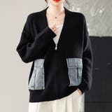 BLACK | ニットカーディガン/デニムポケット付/ジップアップカーデ | LETee