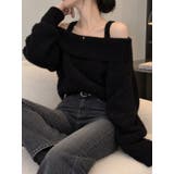 BLACK | キャミレイヤード風オフショルダーニット | LETee