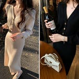 Vネックフロントボタンリブニットカーディガン&ロングスカートセットアップ | LETee | 詳細画像1
