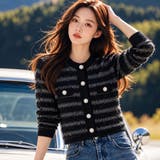 BLACK | フリンジツイード風クルーネックニットジャケット | LETee