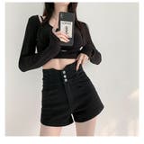 BLACK | ウエストクロスデザイン ハイウエストショートパンツ/デニム | LETee